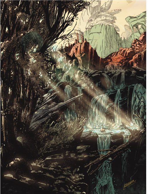 Grande cachoeira e pato